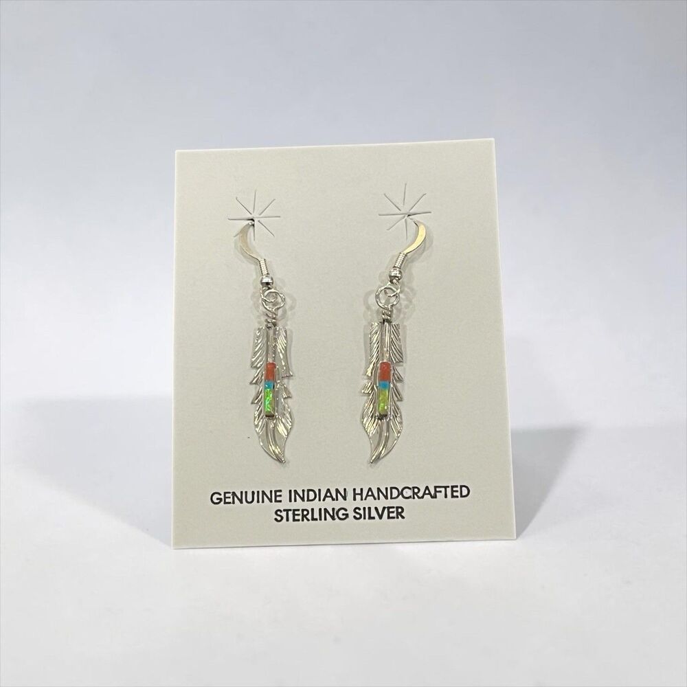 Vintage Navajo BARNEY Sterling Silver Multi-Stone Inlay Feather Dangle Earrings